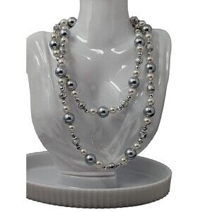 Hollywood Regency Fashion Necklace Grey White Silvertone 18.5" Flapper Jewelry